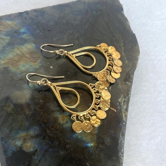 Gold Vermeil Sterling Silver 925 Teardrop Disc Tassel Dangle Drop Earrings - Picture 4 of 16